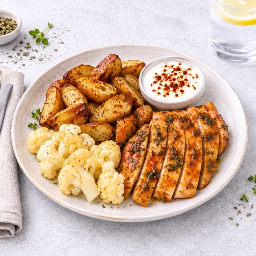 Honungskyckling med potatis, blomkål & örtyoghurt tallrik